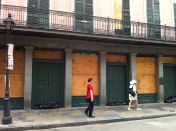 Sandbags and storm shutters at The Historic New Orleans Collection 